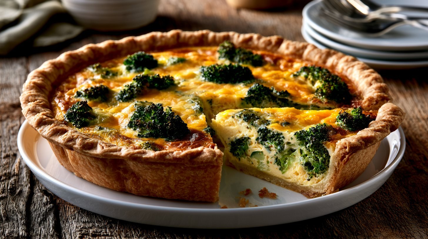 Freshly baked broccoli quiche recipe with golden crust and cheesy broccoli filling.