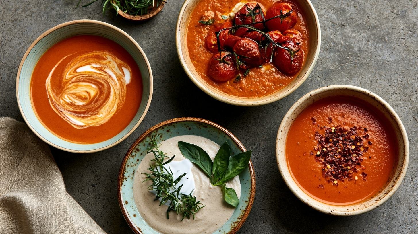 Different variations of cherry tomato soup including creamy, roasted, vegan, and spicy versions.