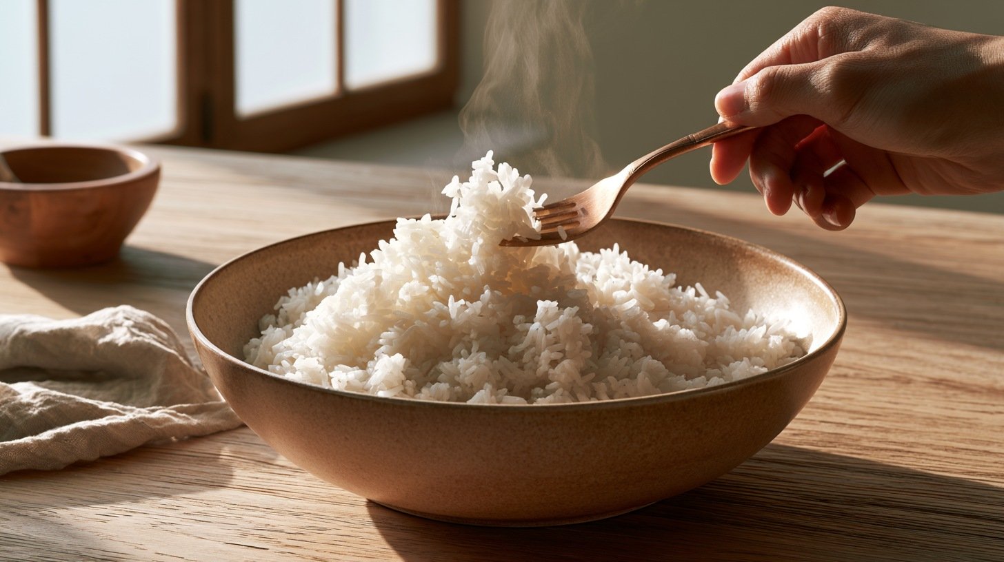 Freshly cooked rice prepared for a tuna avocado rice bowl.