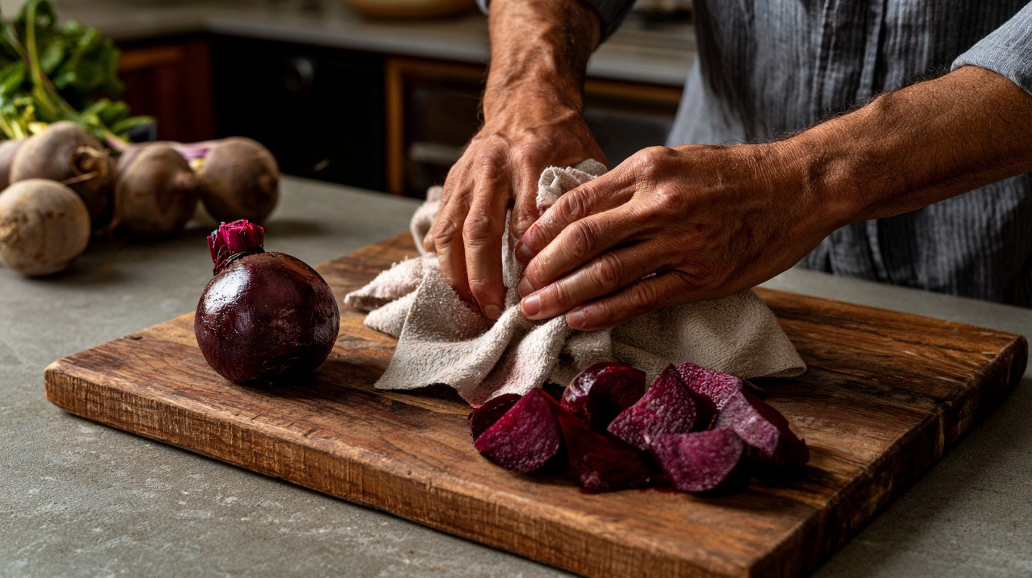 Peeling roasted whole beets after cooking.