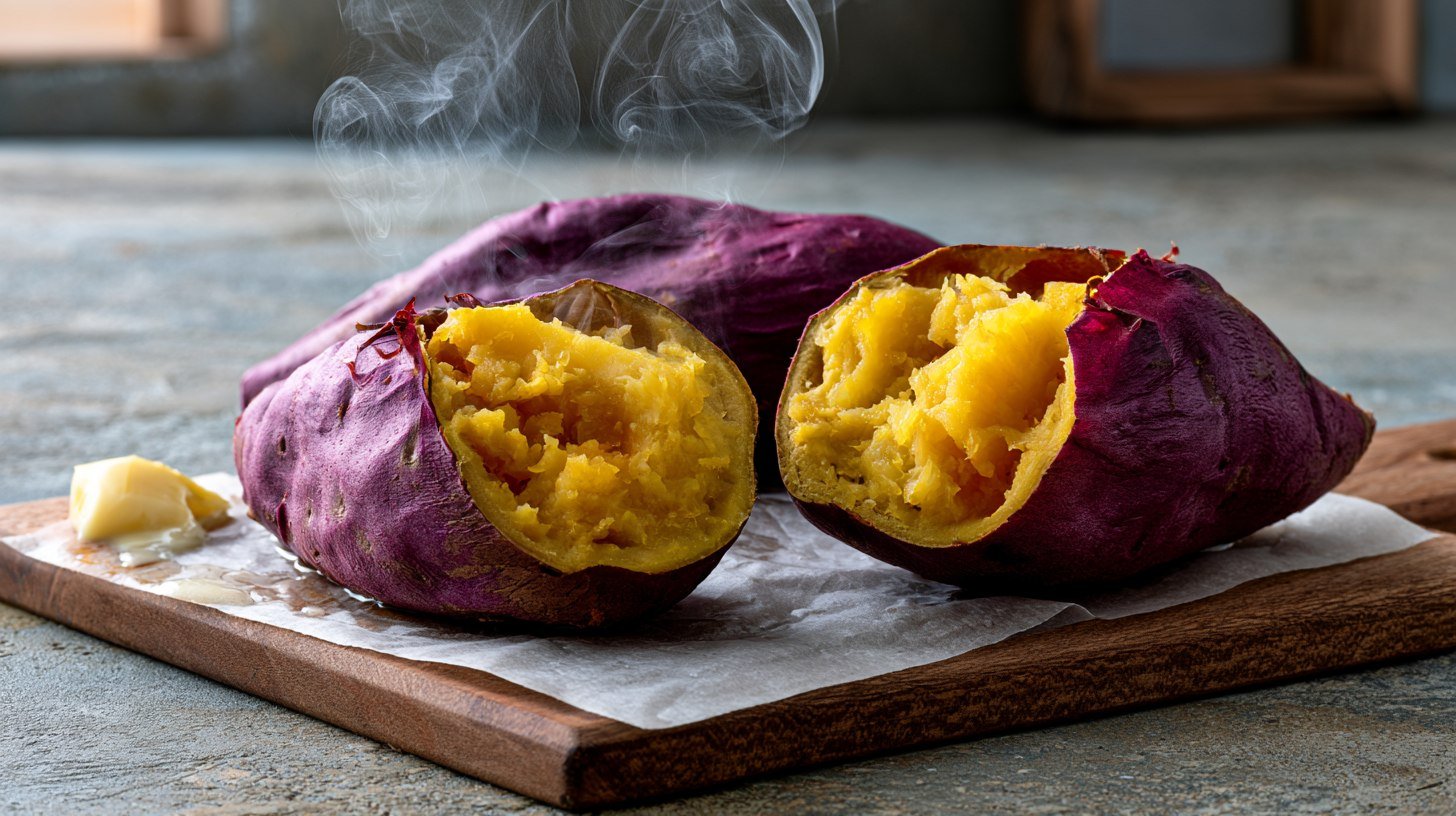 Perfectly baked Japanese sweet potatoes with golden jammy centers on a wooden board.