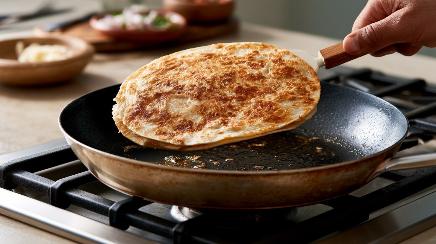 Cooking a healthy chicken quesadilla until golden brown