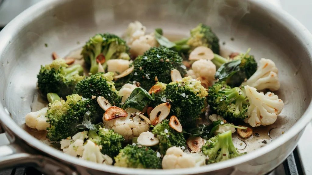 Perfectly cooked garlic sauteed broccoli and cauliflower.