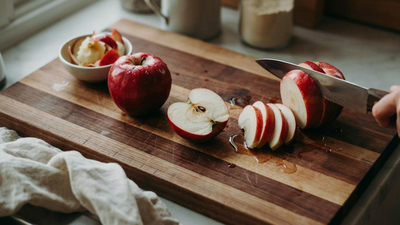 Fresh red apples washed, cored, and sliced into even pieces on a wooden board.