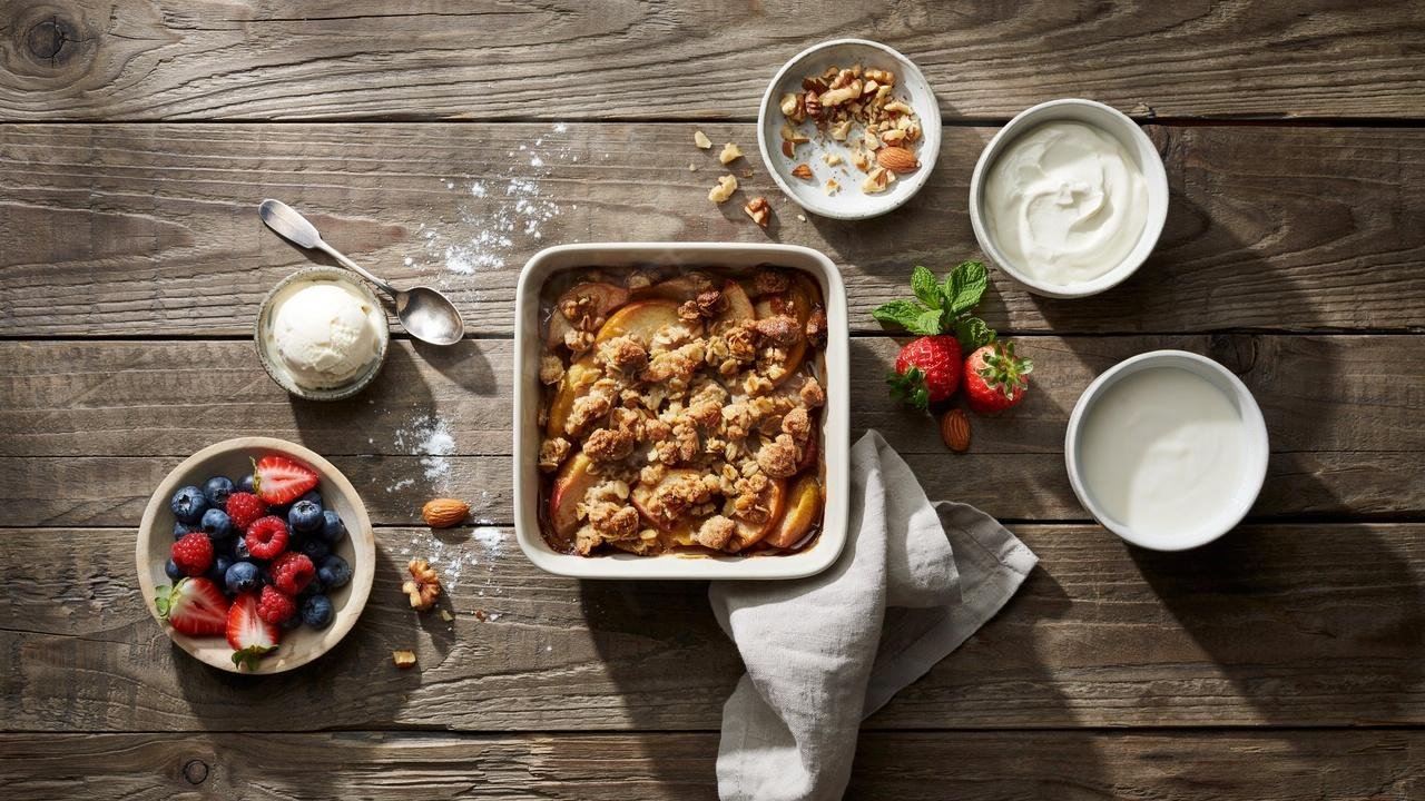 Apple crisp, Greek yogurt, vanilla yogurt, frozen yogurt, fresh berries, and chopped nuts on wooden table.