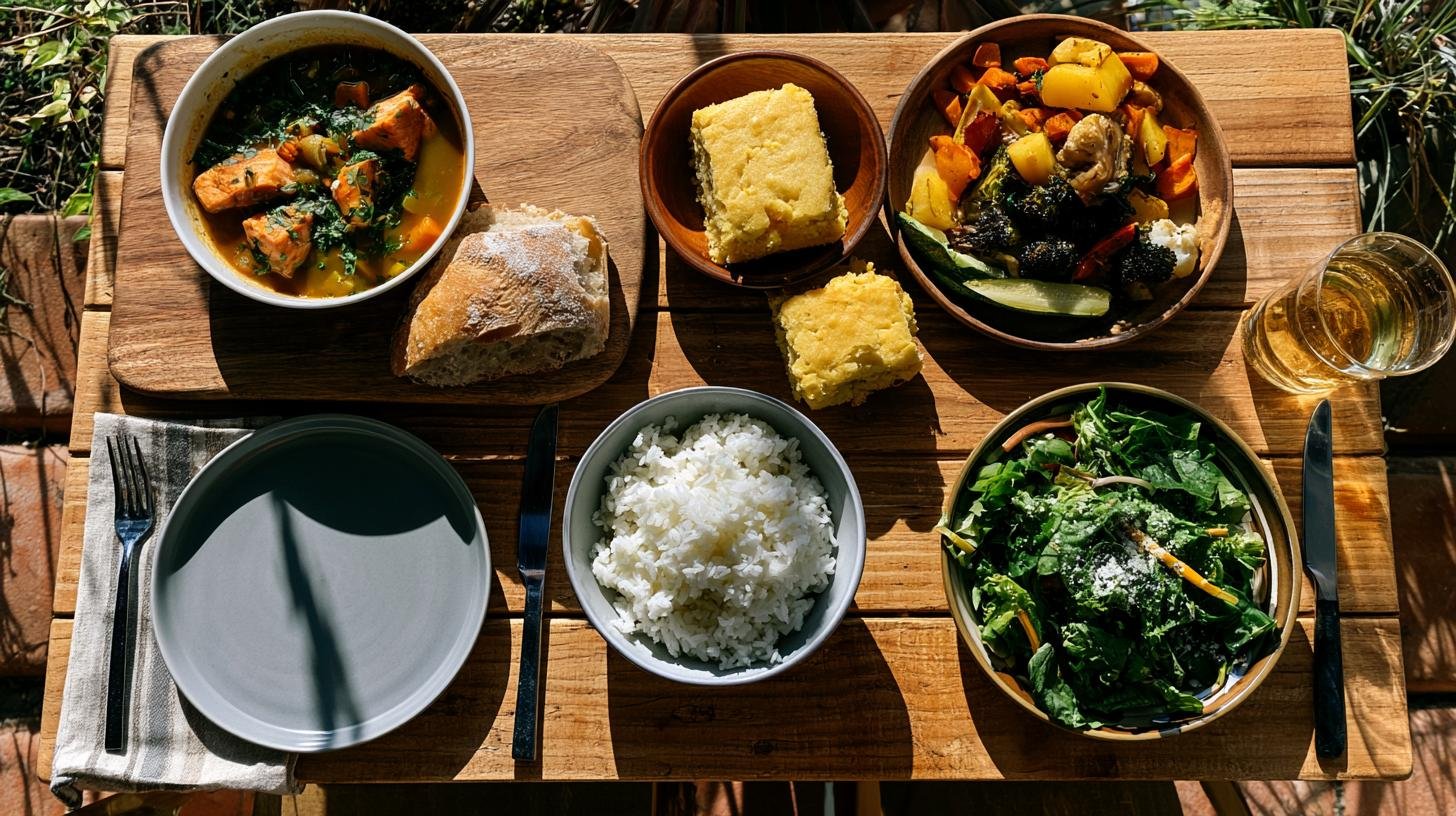 Side dishes served with homemade salmon stew.