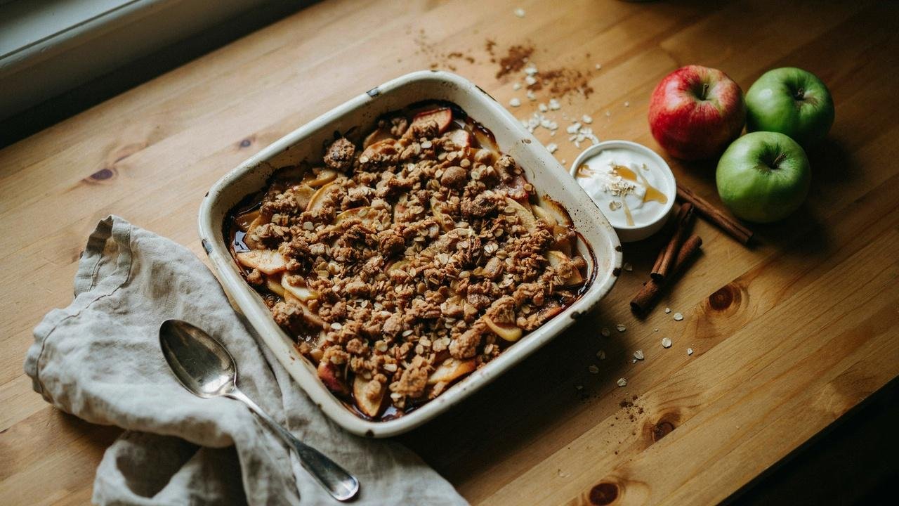 Overhead shot of the healthy apple crisp in a rustic ceramic baking dish.