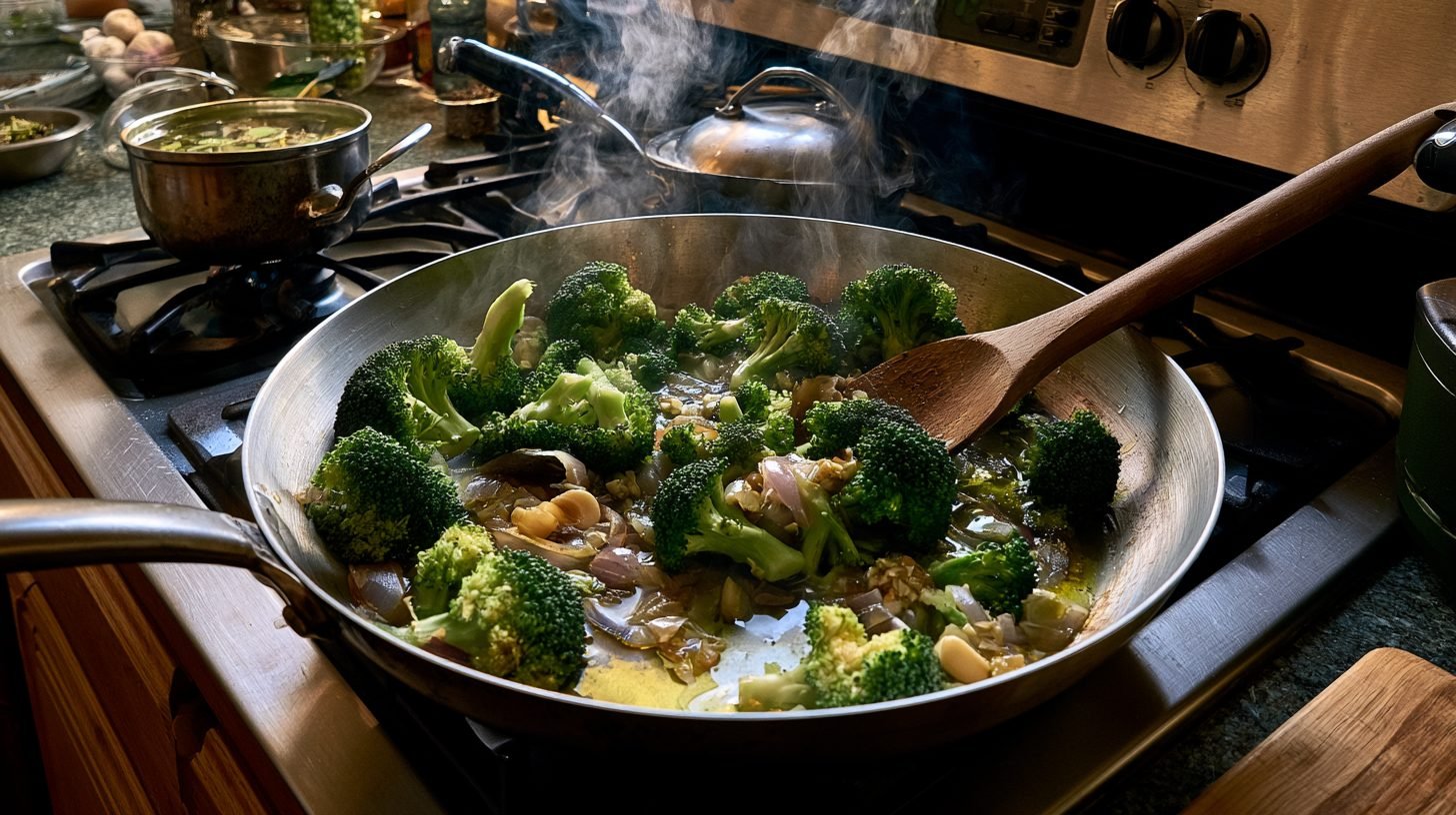 Sauteing broccoli, onion, and garlic for quiche filling.