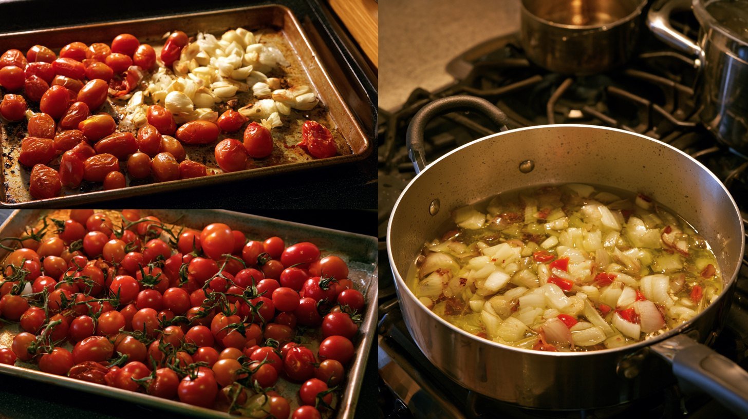 Cherry tomatoes, onion, and garlic roasting and sautéing to build rich flavor for tomato soup.