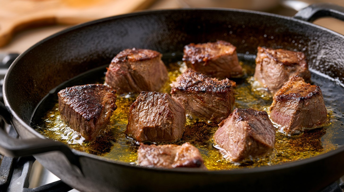 Cubed beef browning in a Dutch oven.