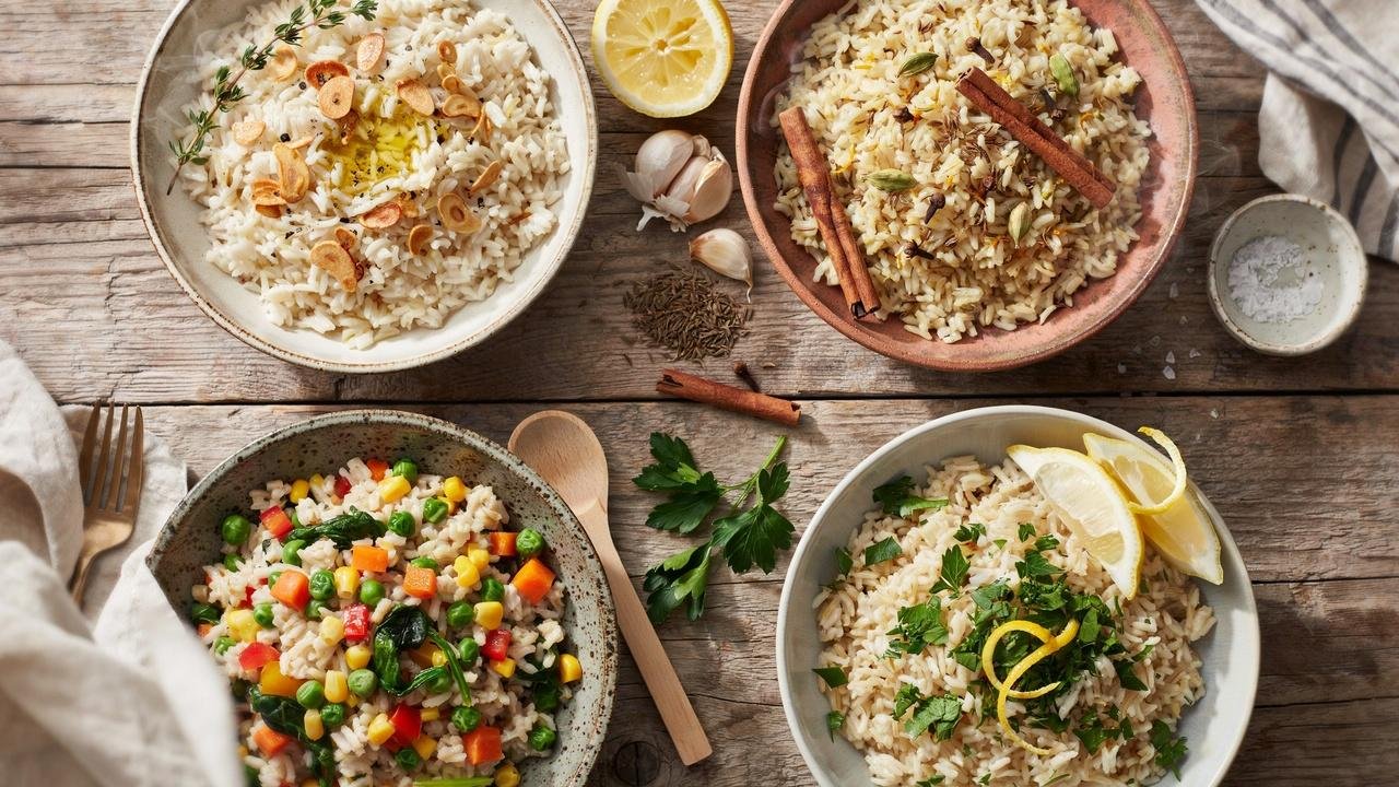 Four flavorful brown basmati rice variations including garlic butter, Indian spiced, vegetable, and herb lemon rice served in rustic bowls.