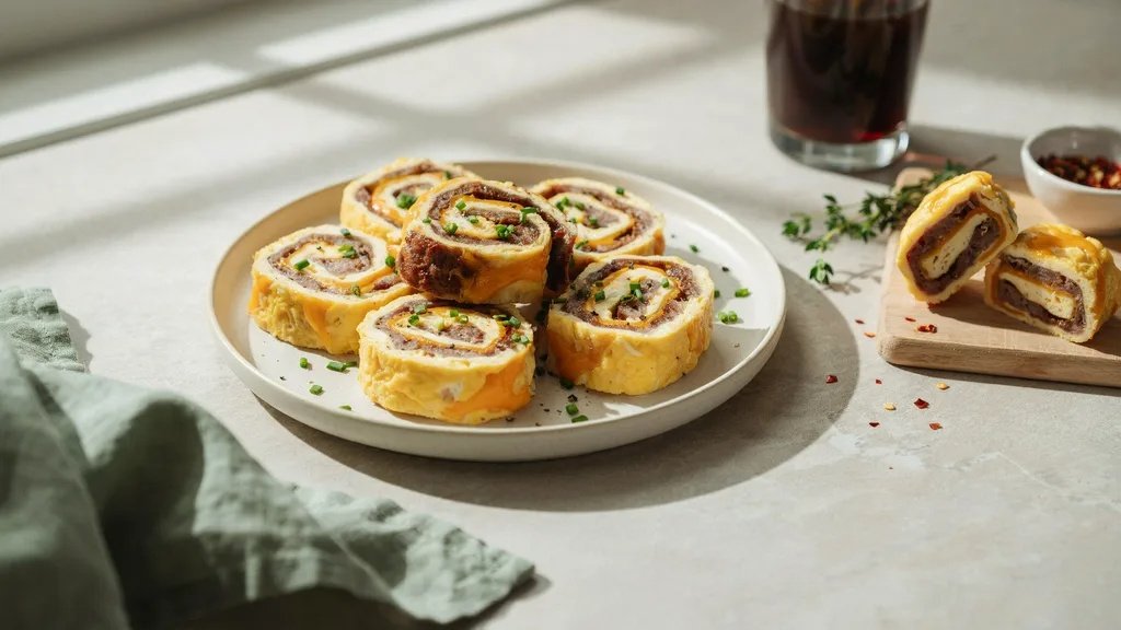 Breakfast keto pinwheels with eggs and sausage.