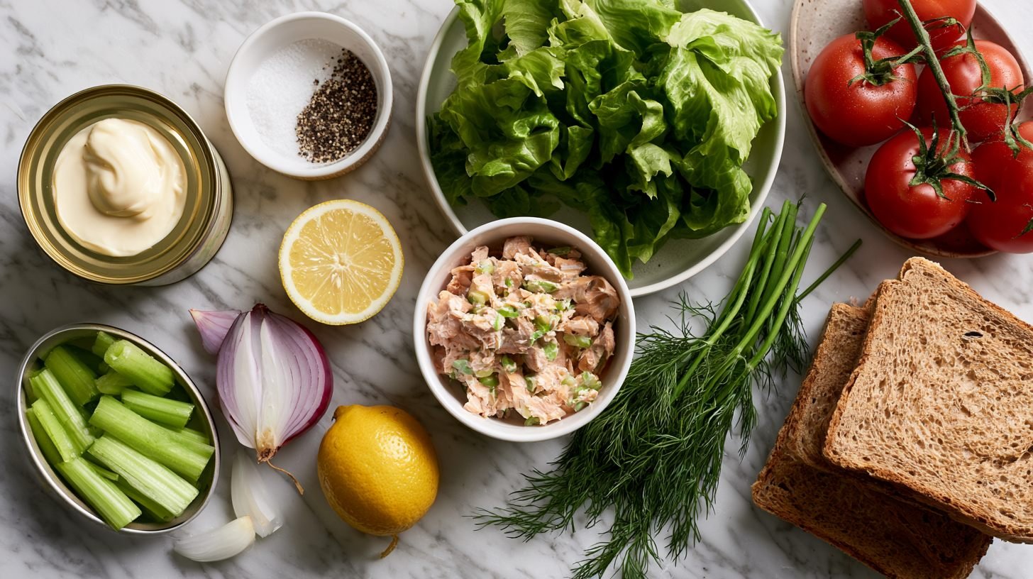 Ingredients arranged on a countertop for making a creamy salmon sandwich.
