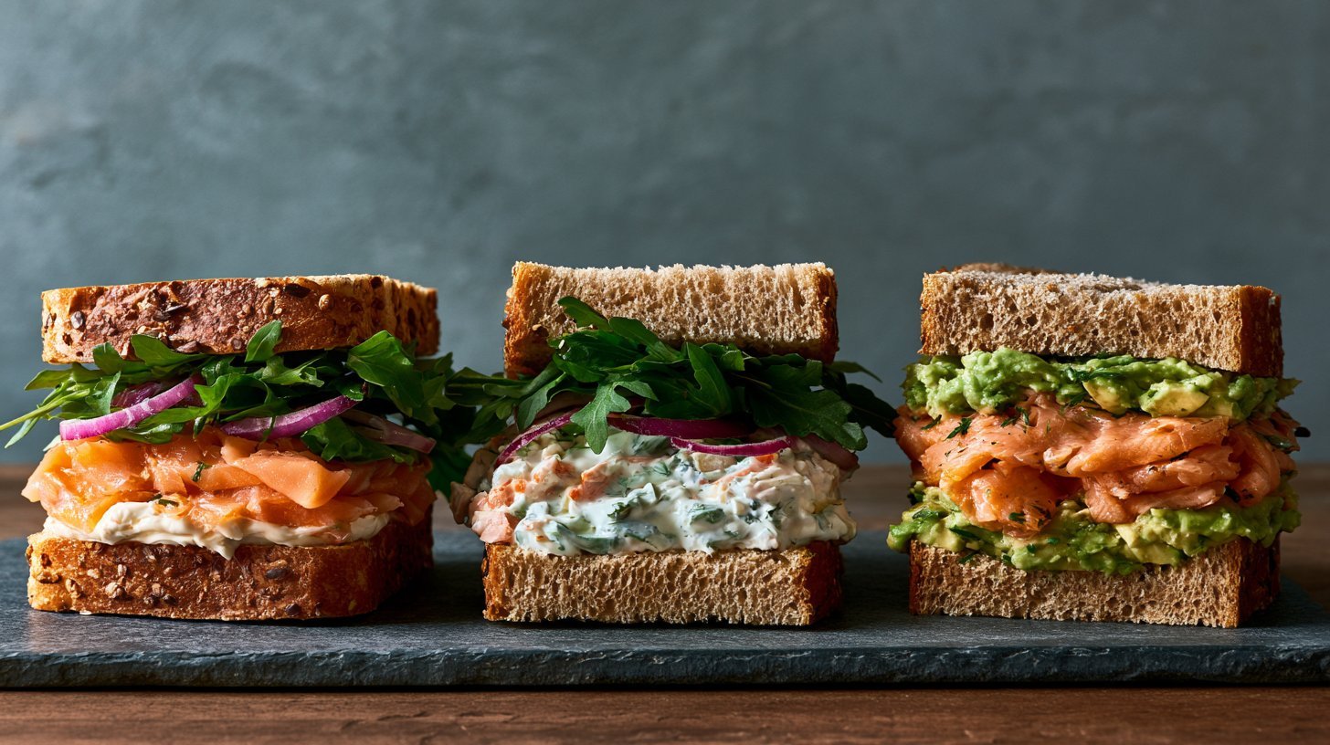 Three variations of creamy salmon sandwiches with different fillings.