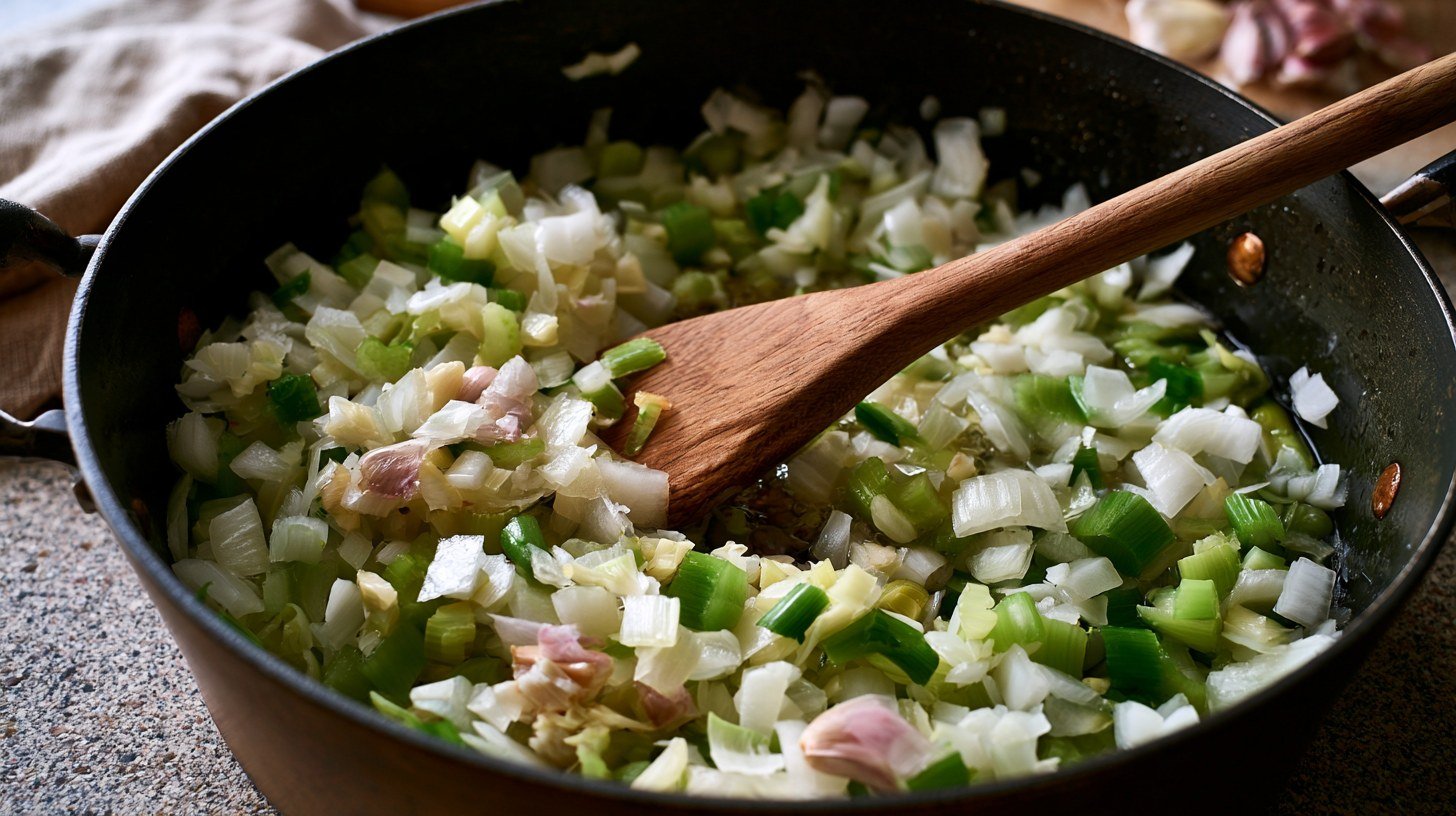 Onions, celery, and garlic cooking in a soup pot.