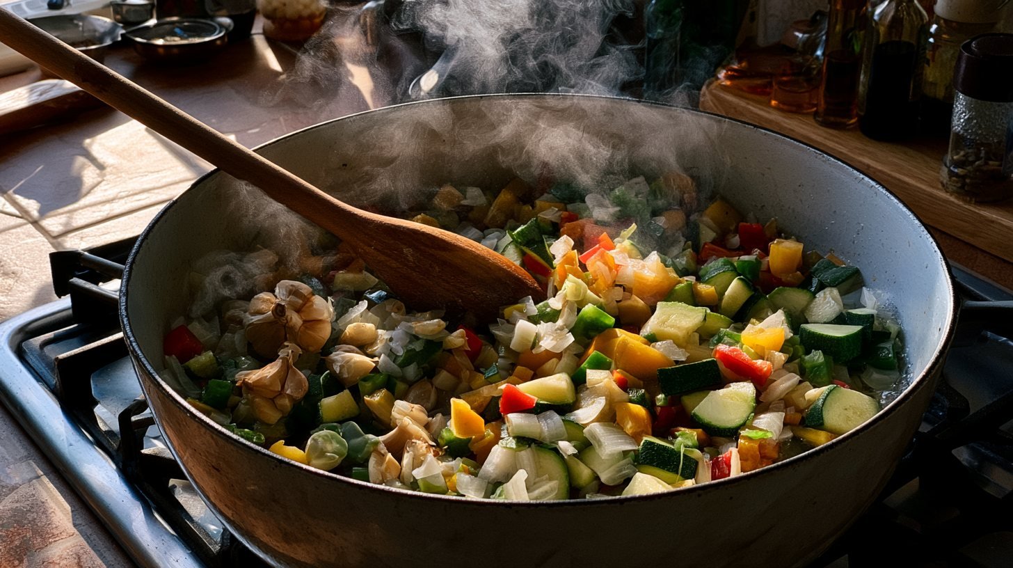 Vegetables sautéing in a pot for healthy chili.