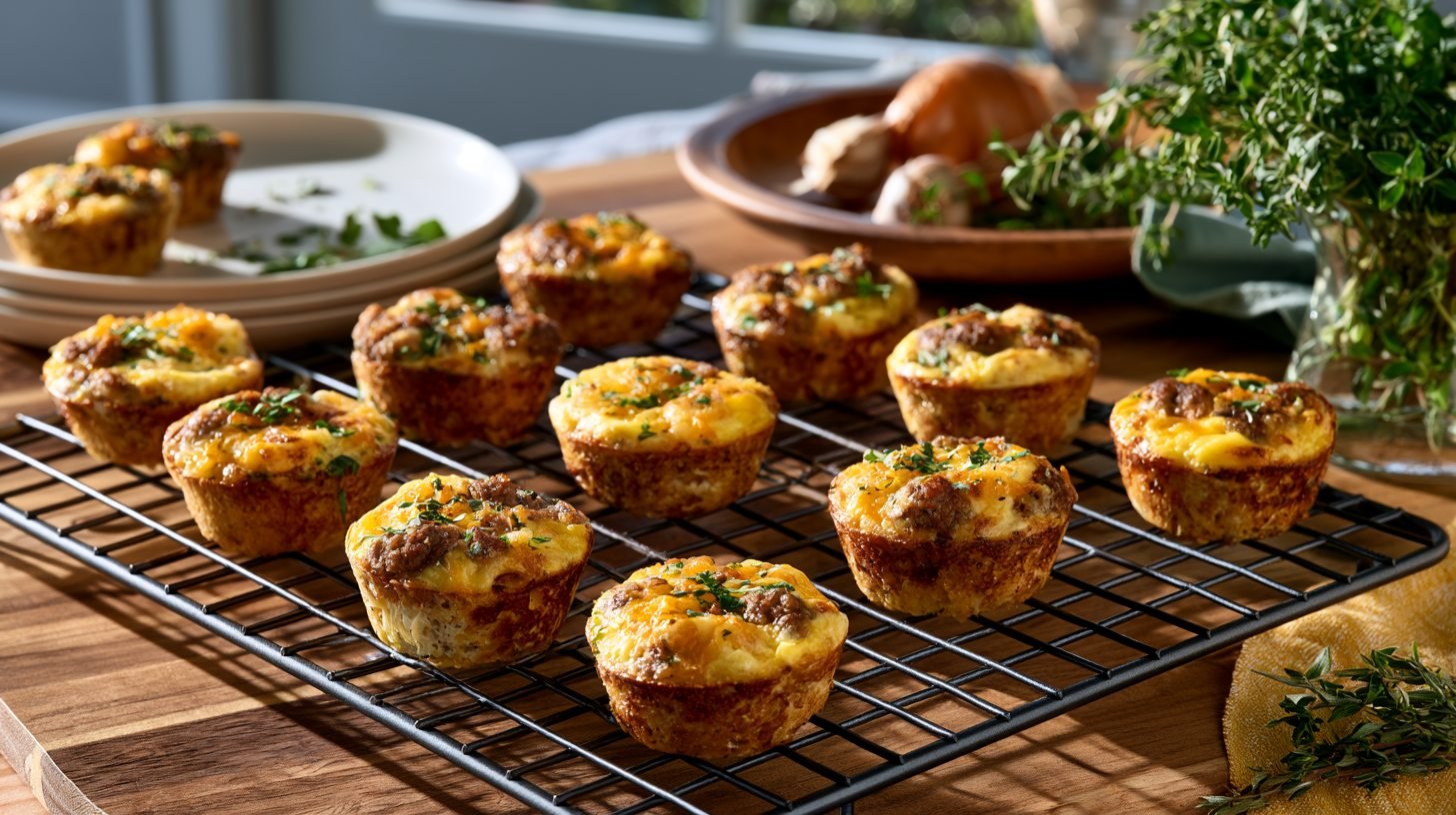Fresh egg and sausage bites cooling before serving.