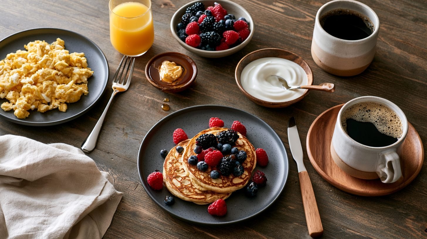 Greek yogurt pancakes served with a variety of breakfast toppings and sides.