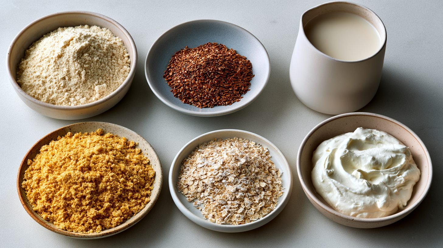 Common ingredient substitutions for Greek yogurt pancakes laid out on a counter.