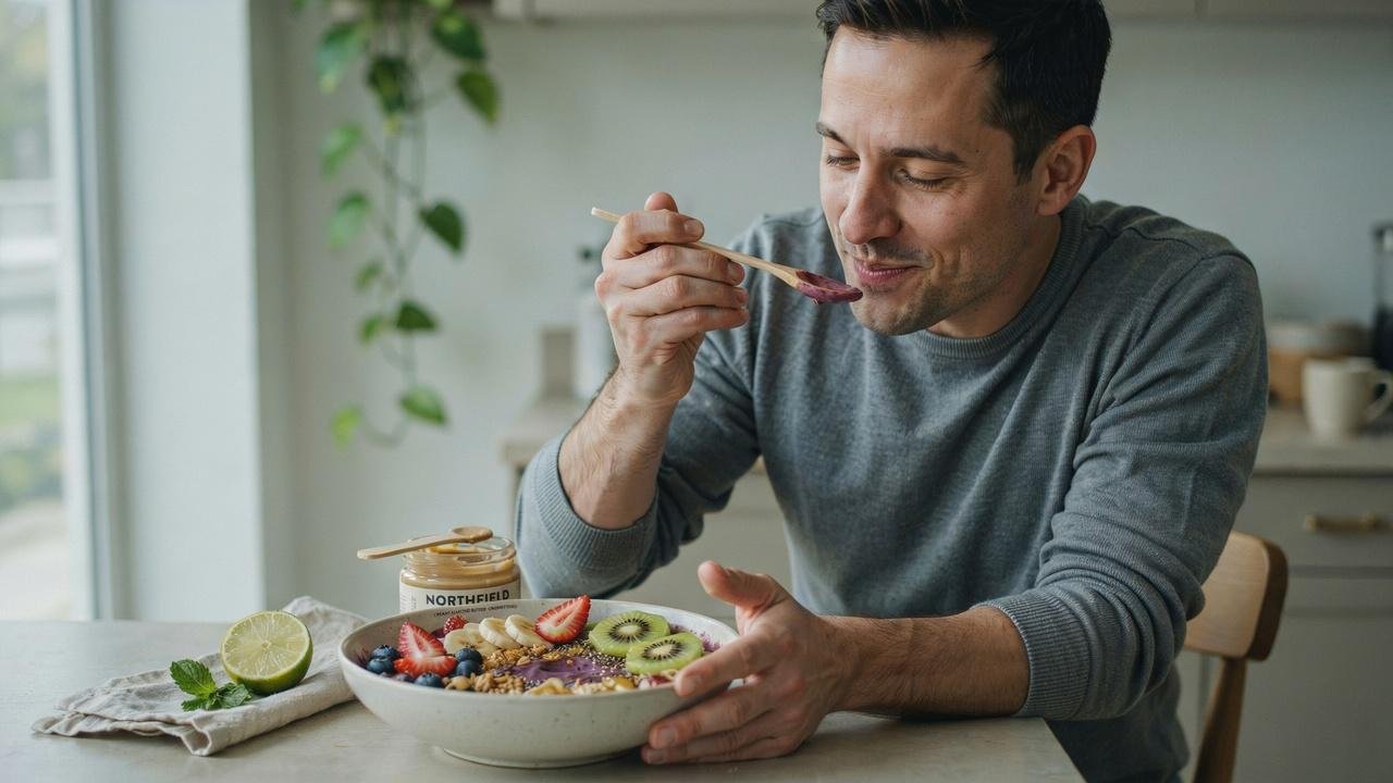 A man eating the vegan acai bowl.