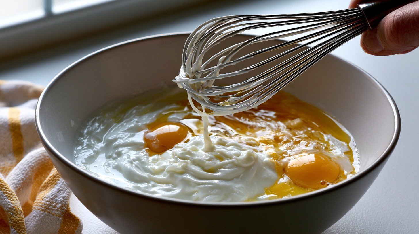 Whisking Greek yogurt with eggs, milk, and vanilla.