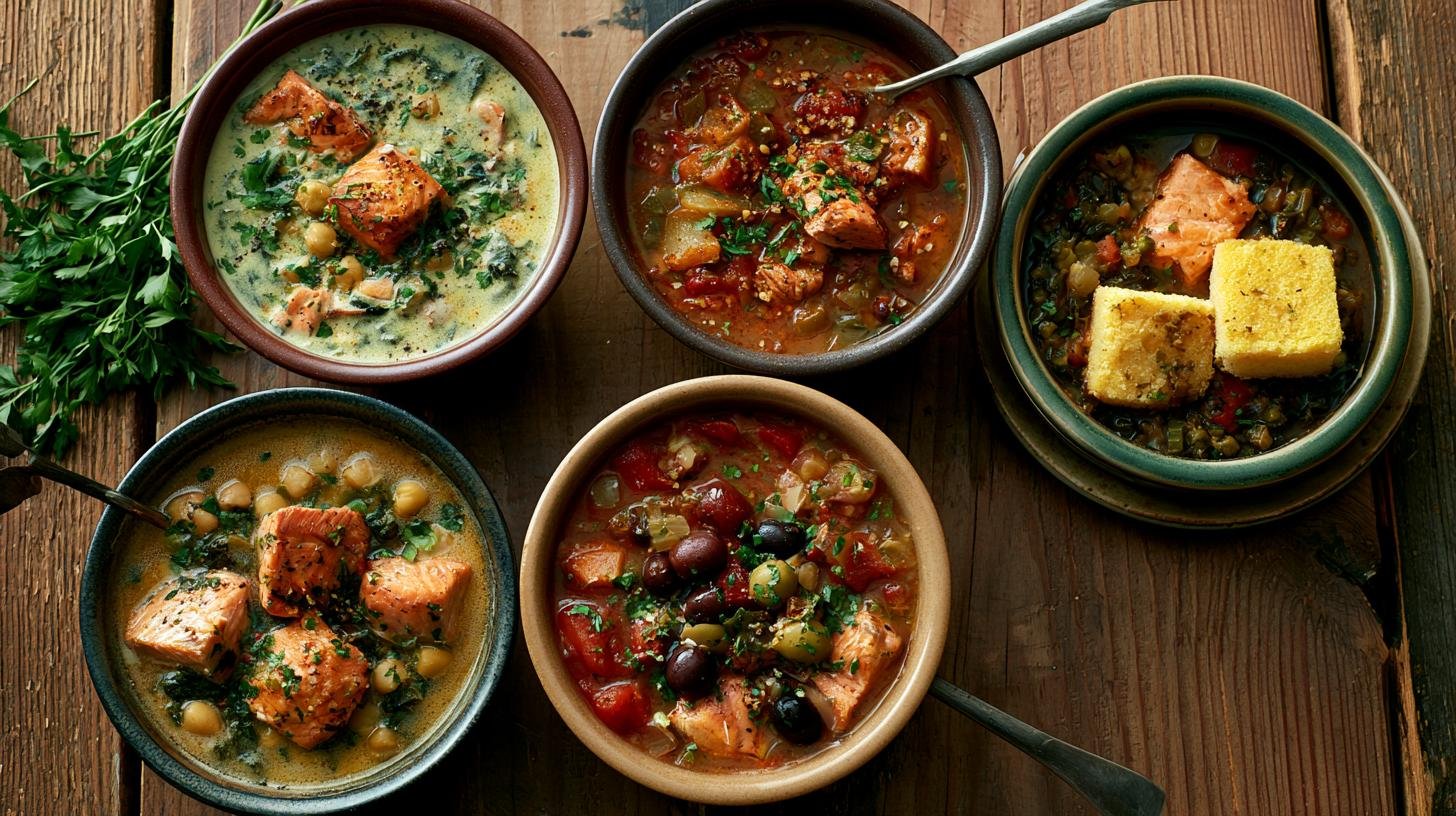 Different styles of homemade salmon stew.
