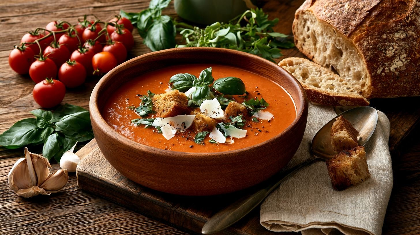 Creamy cherry tomato soup topped with basil, parmesan, and croutons served with fresh cherry tomatoes and crusty bread.