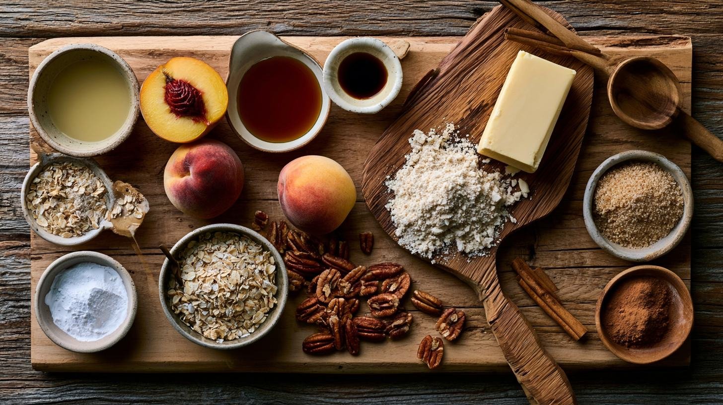 Ingredients needed to make a healthy peach crisp recipe.