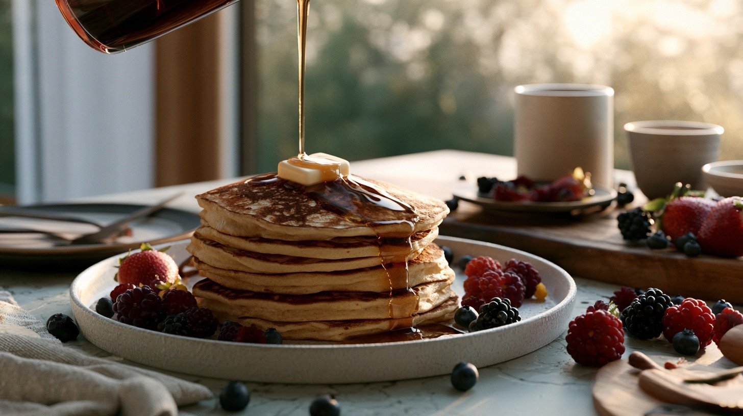 Warm Greek yogurt pancakes served with maple syrup and fresh berries.
