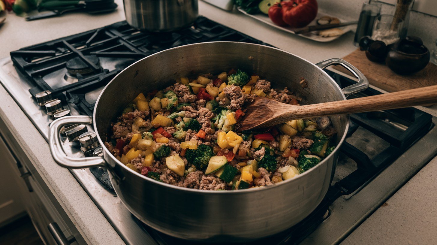 Lean ground turkey cooking with vegetables.