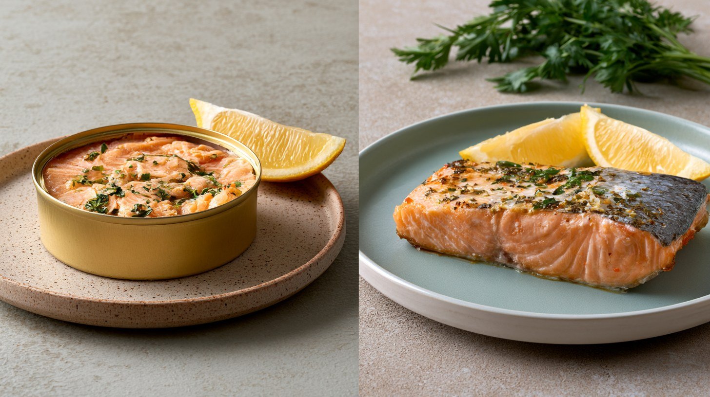 Canned salmon and fresh cooked salmon displayed for comparison.