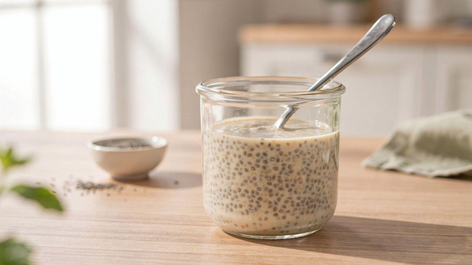 Chia pudding mixture being stirred until smooth with evenly distributed chia seeds and creamy texture.