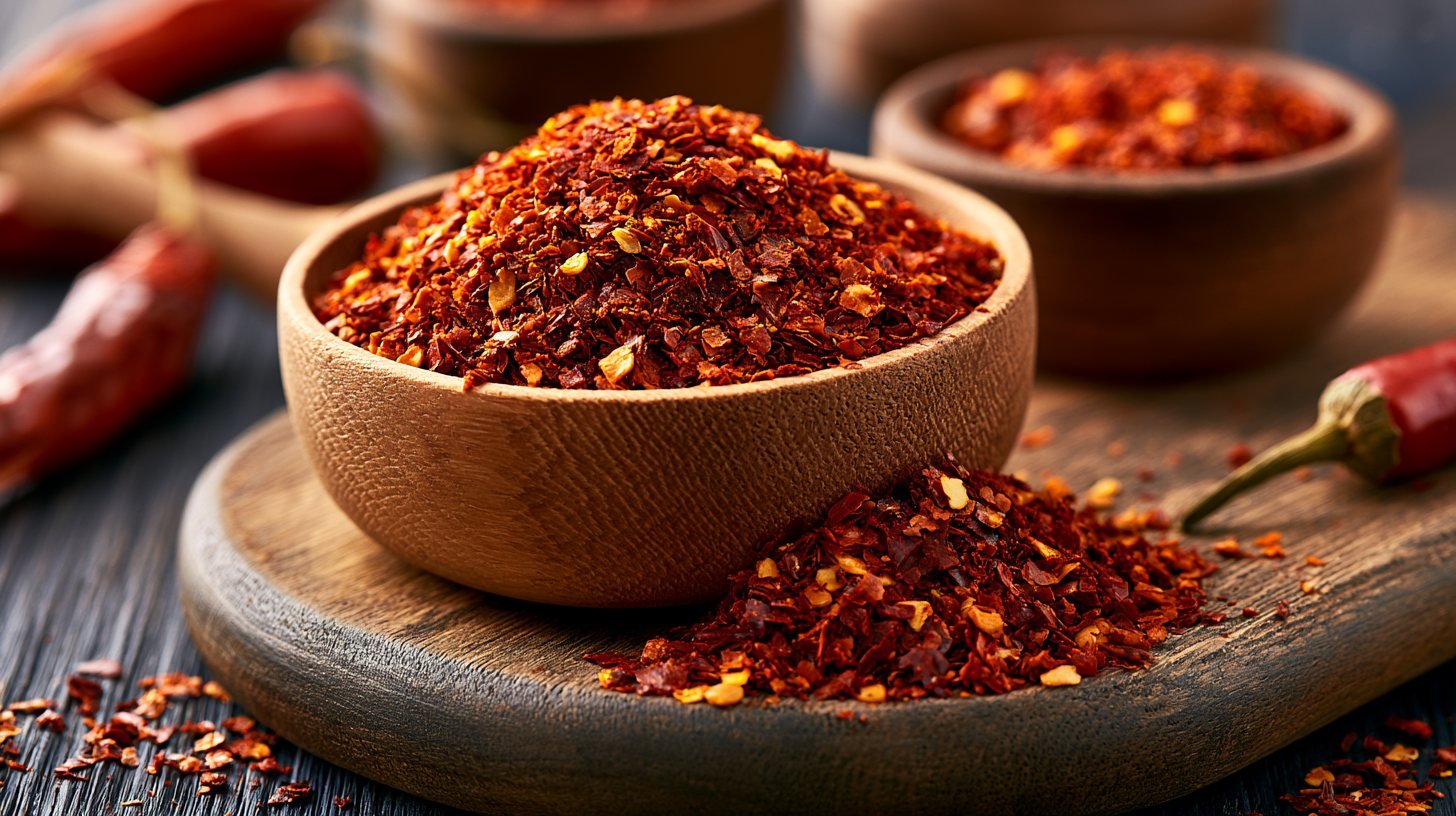 Wooden bowl filled with red pepper flakes on a wooden cutting board.
