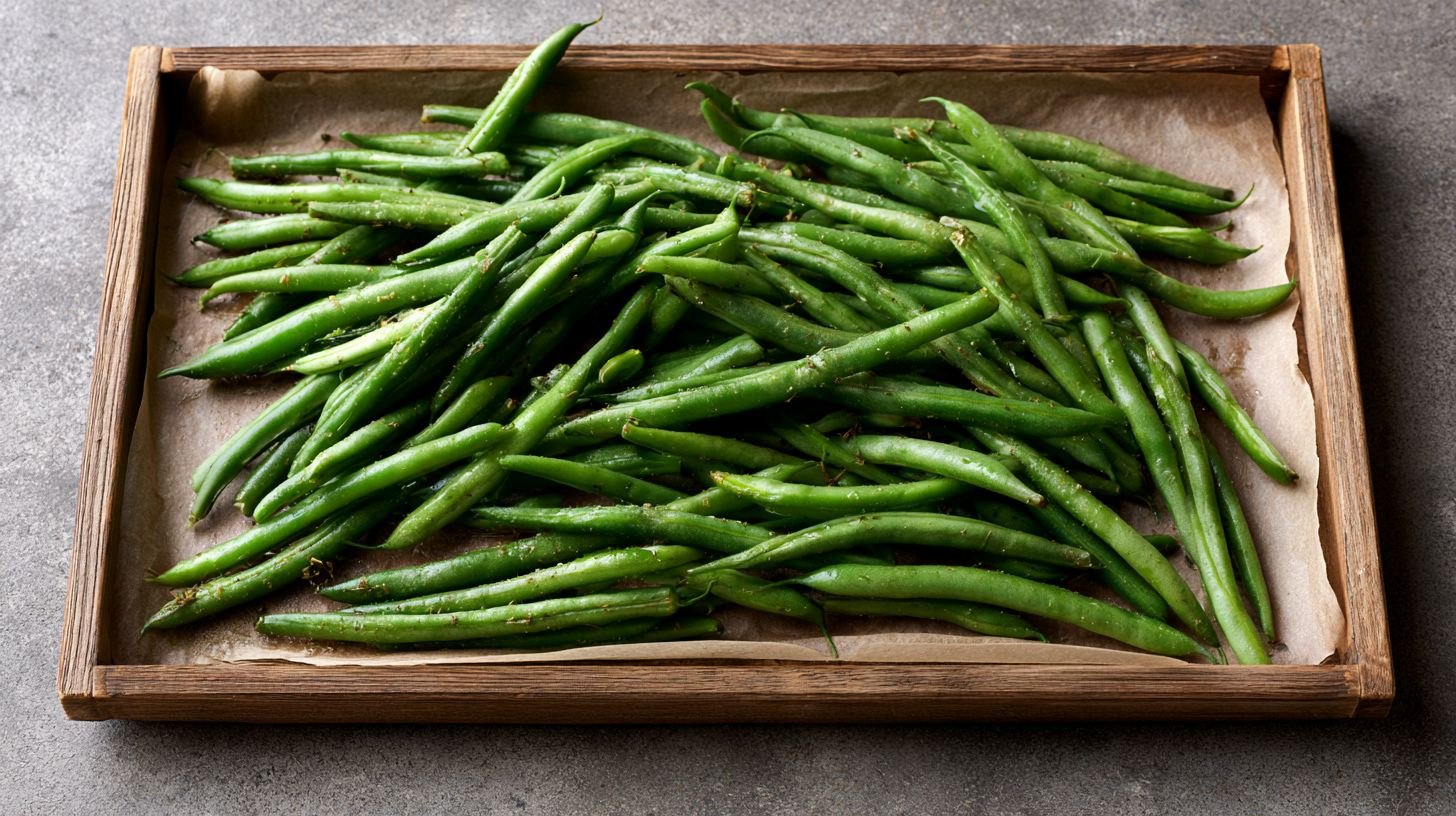 Seasoned green beans spread in a single layer on a baking sheet before roasting.