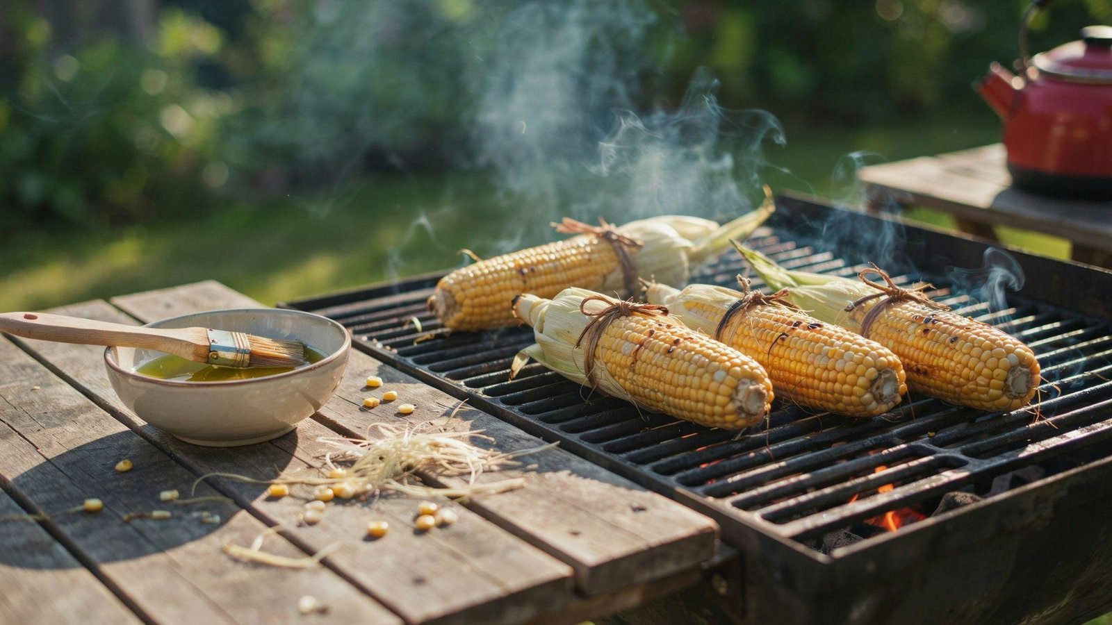 Grilled fresh corn brushed with olive oil developing golden char marks on a hot outdoor grill.