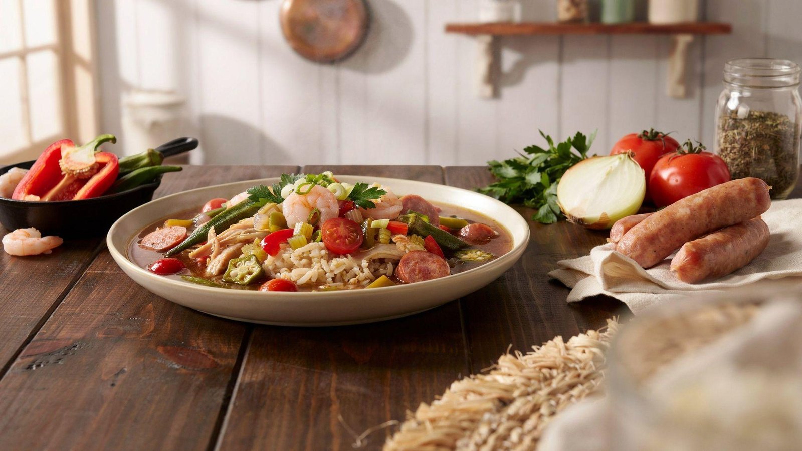 Healthy Louisiana gumbo with lean proteins, vegetables, smoky broth, and brown rice on a rustic table.