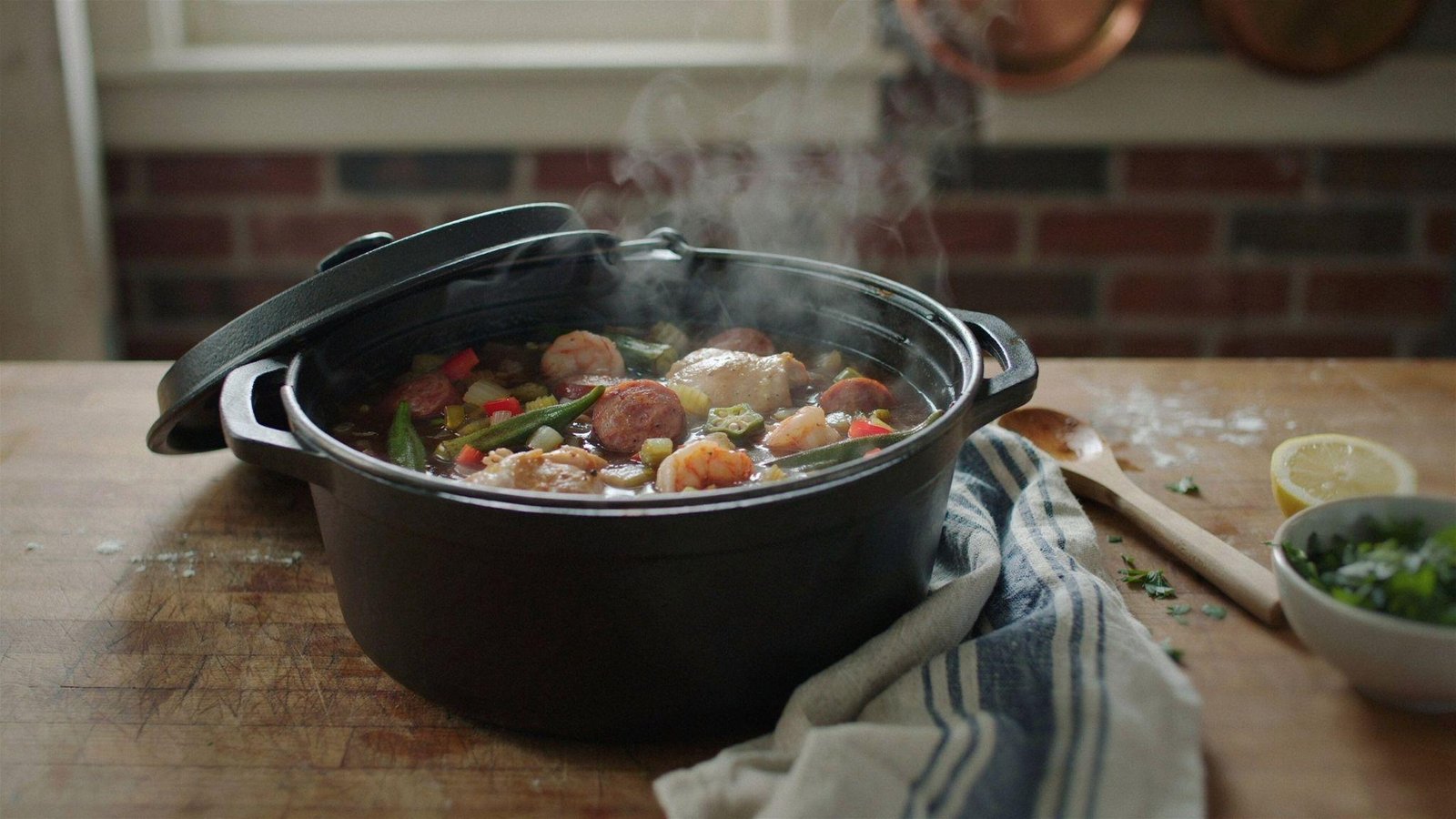 Healthy gumbo simmering with lean proteins, vegetables, and rich flavorful broth in Dutch oven.
