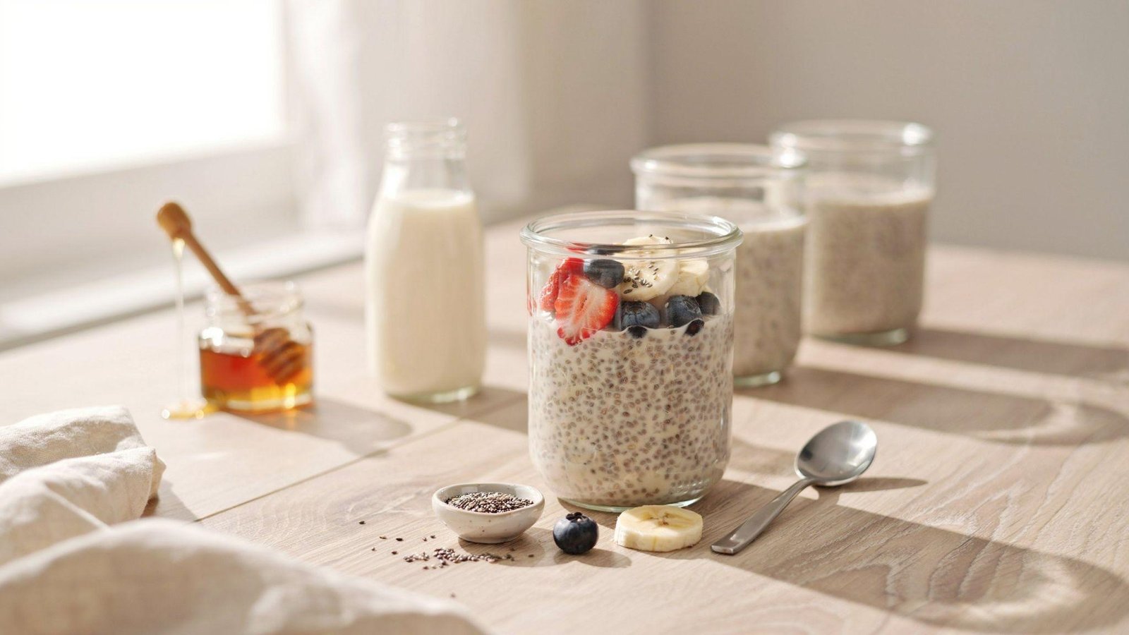 Single-serving chia pudding with fresh fruit and meal prep jars on a bright breakfast table.