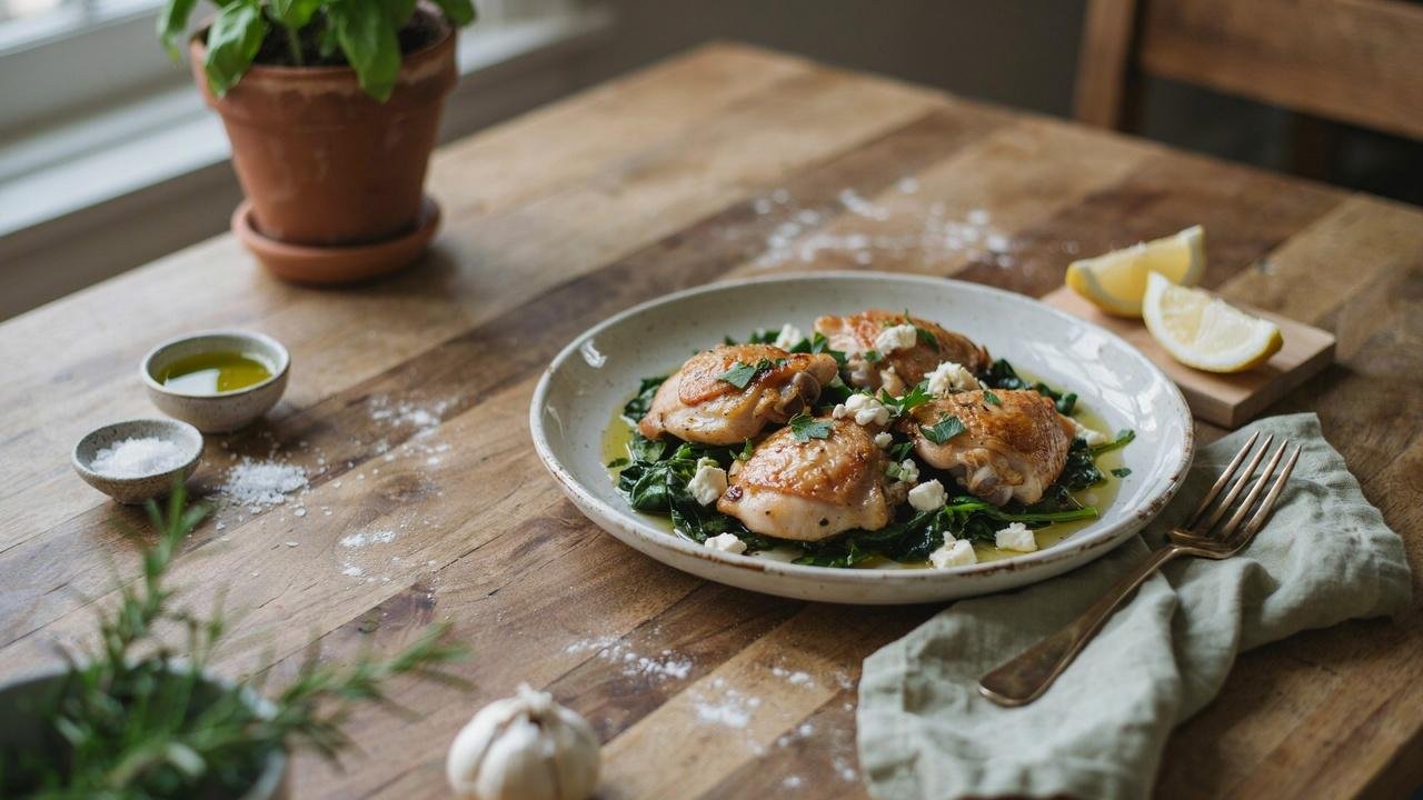 Chicken and greens served with feta cheese and fresh lemon wedges.