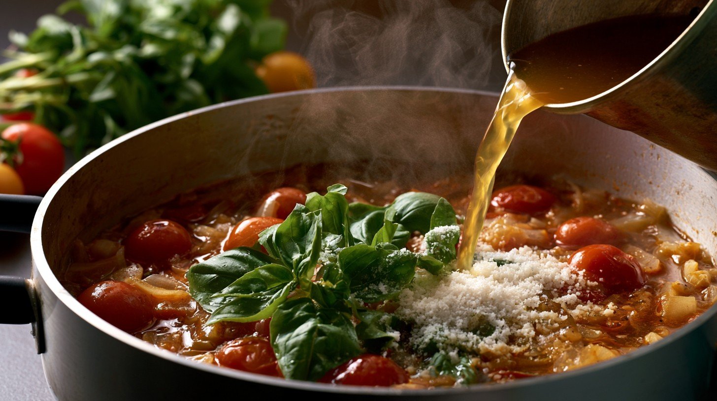 Vegetable broth, basil, and parmesan added to simmering cherry tomato soup.