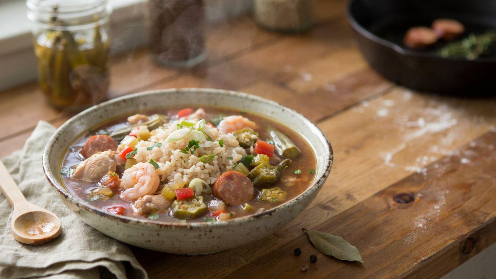 Healthy gumbo with lean chicken, shrimp, turkey sausage, okra, vegetables, and brown rice in a bowl.