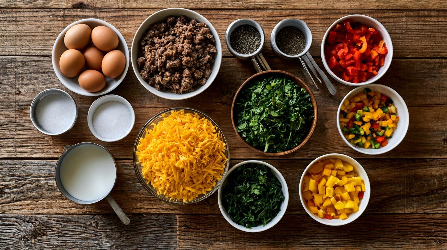 Ingredients for making homemade egg and sausage bites arranged on a countertop.