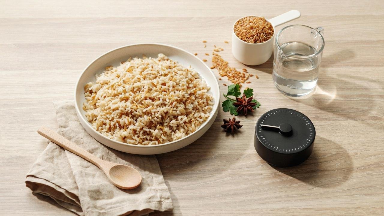 Perfectly cooked fluffy brown basmati rice displayed with measuring tools and ingredients to represent the ideal water ratio and cooking time.