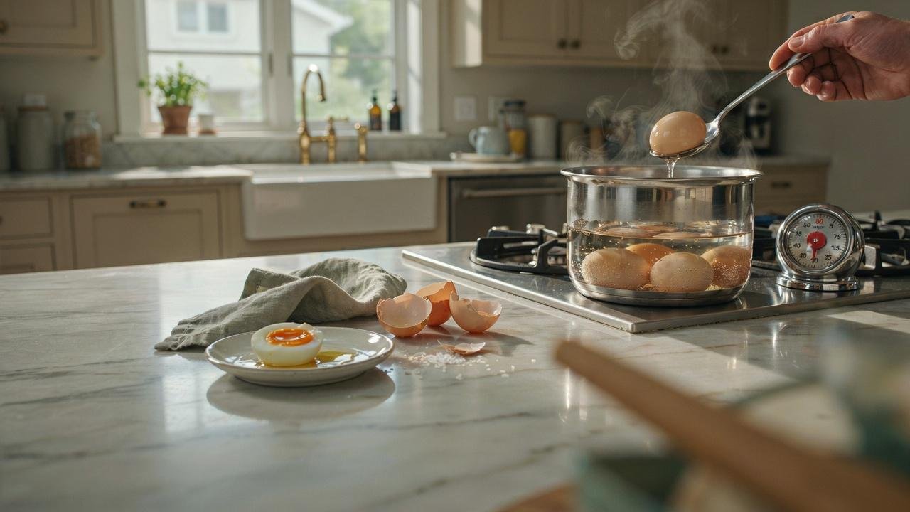Soft-boiled eggs with jammy yolks being cooked in gently boiling water in a home kitchen.