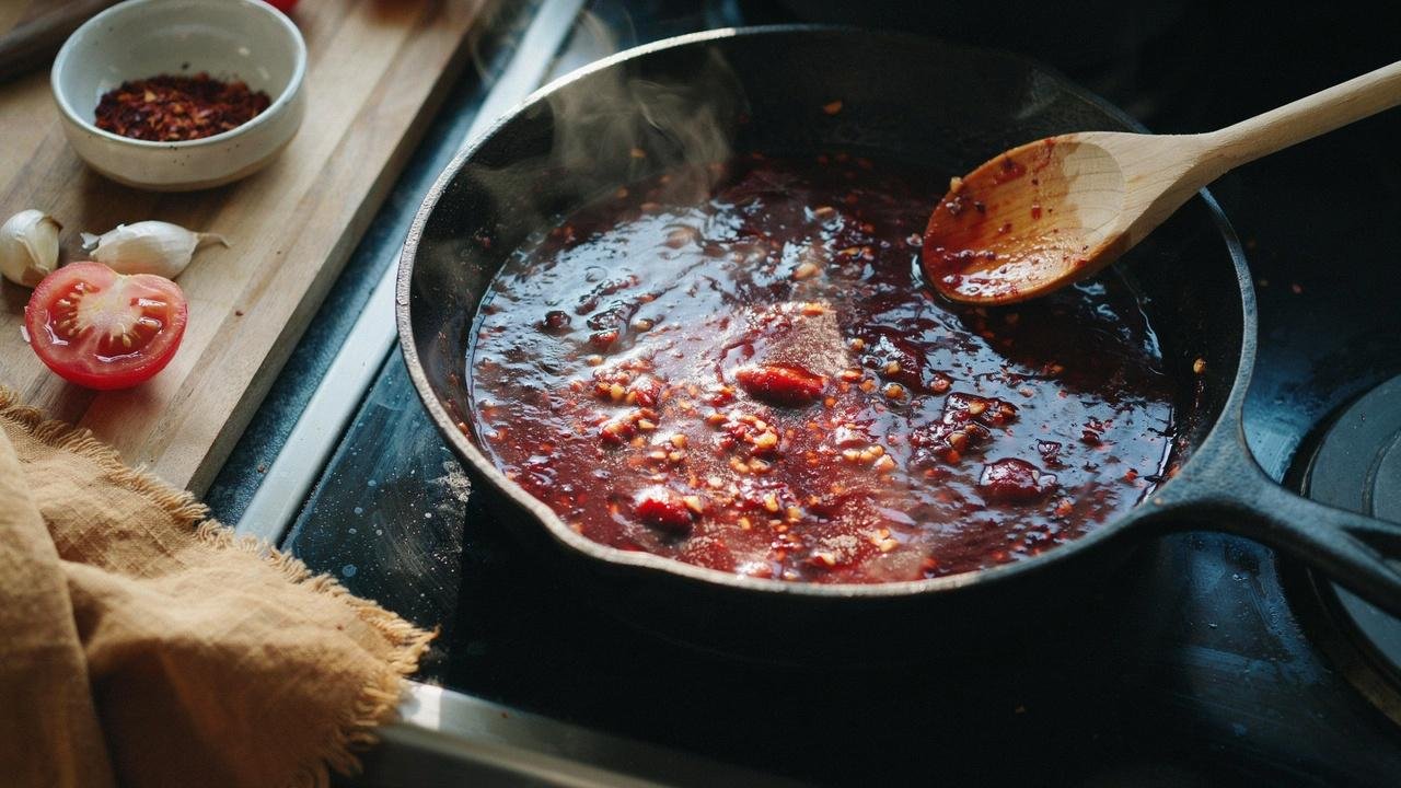 Cooking berbere, garlic, and tomato paste for Misir Wot.