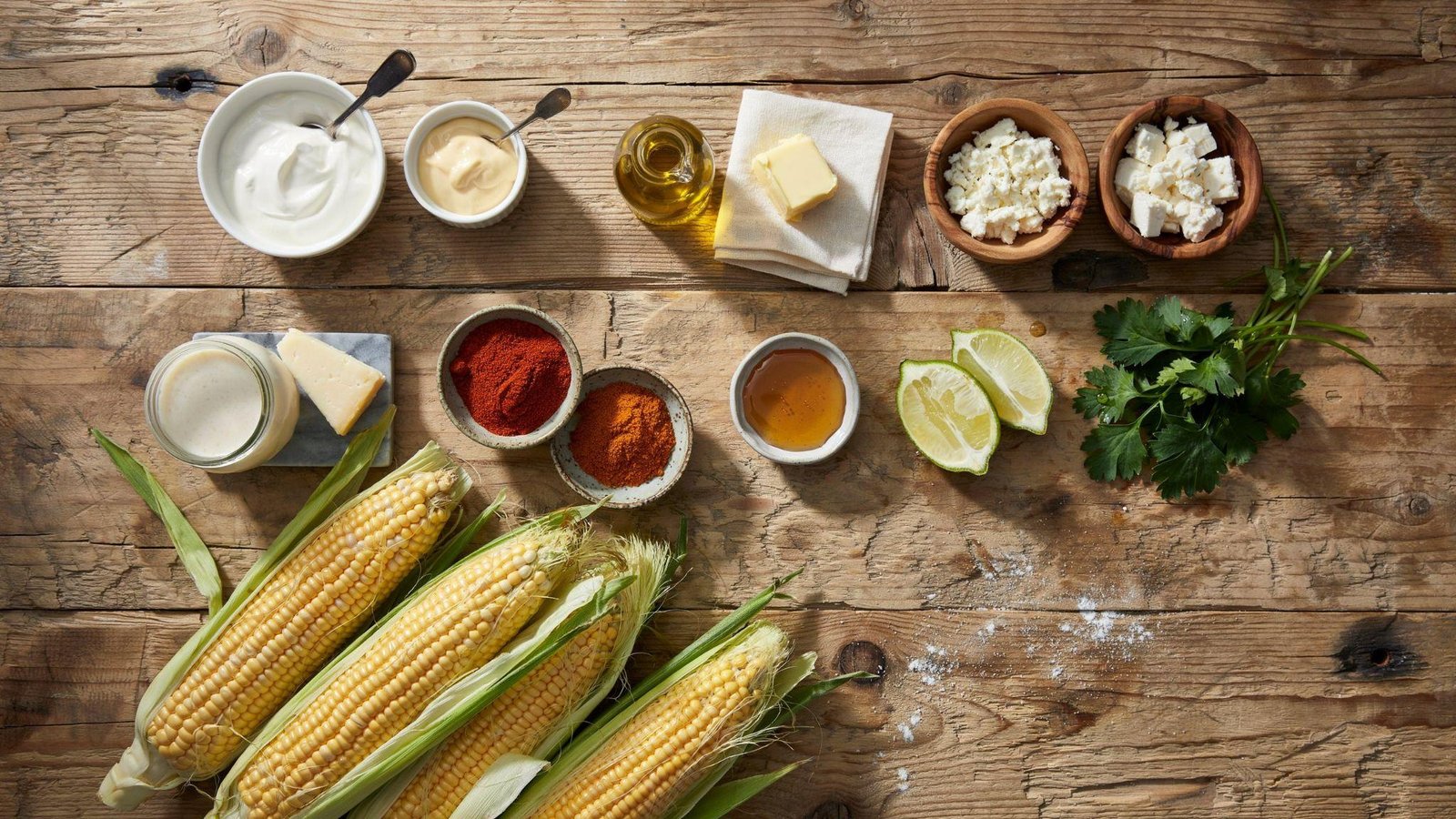Healthy street corn ingredient swaps featuring Greek yogurt, olive oil, reduced-fat cheese, coconut yogurt, and fresh corn.