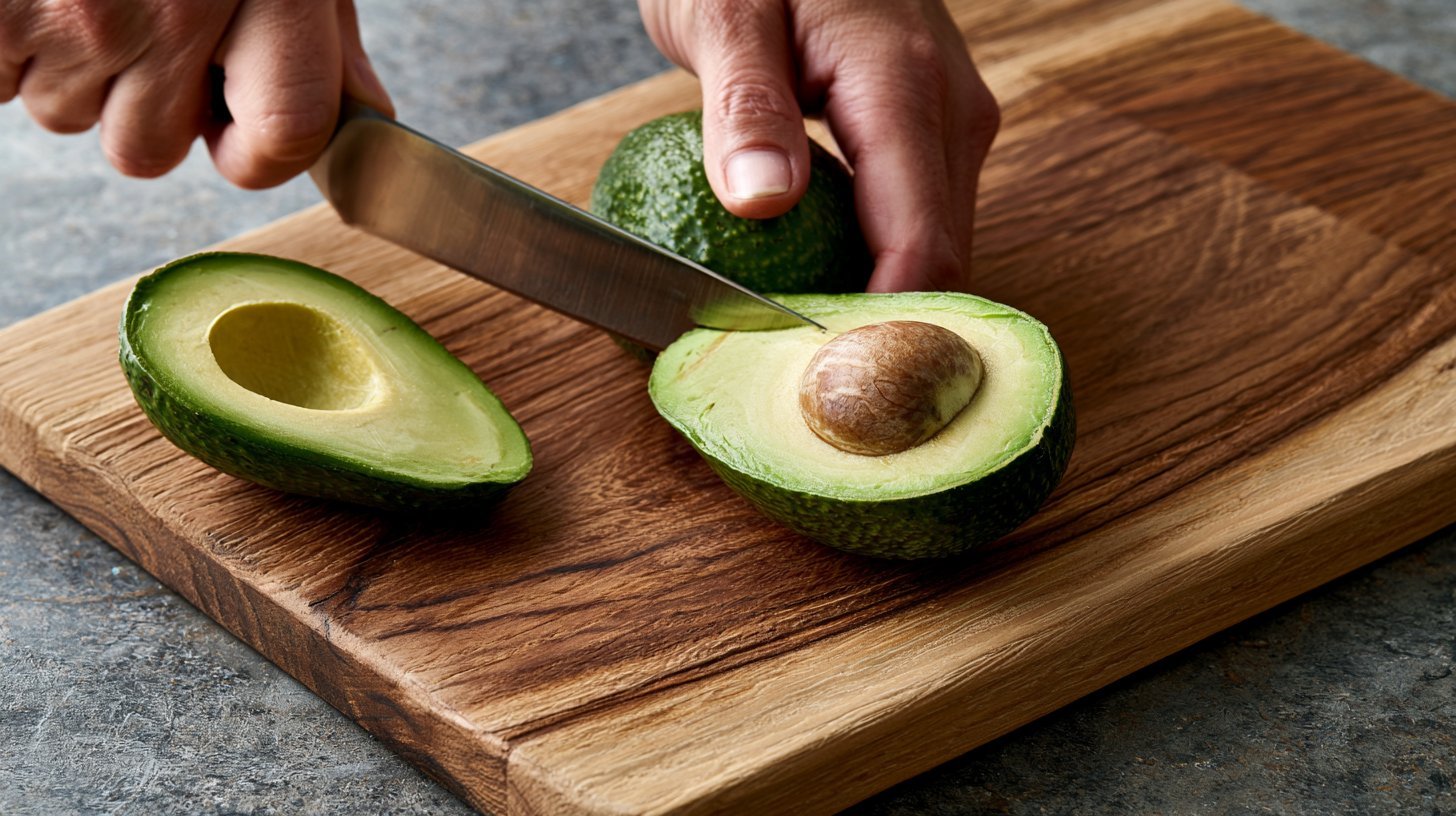 Slicing ripe avocado for a tuna rice bowl.