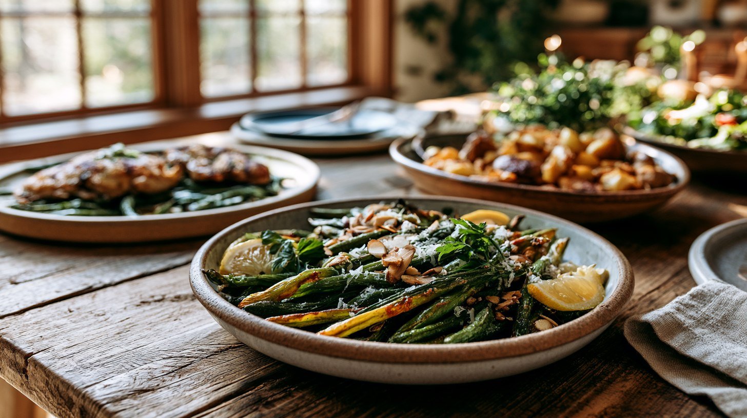 Crispy oven-roasted green beans served with grilled chicken and roasted potatoes as a healthy family dinner side dish.