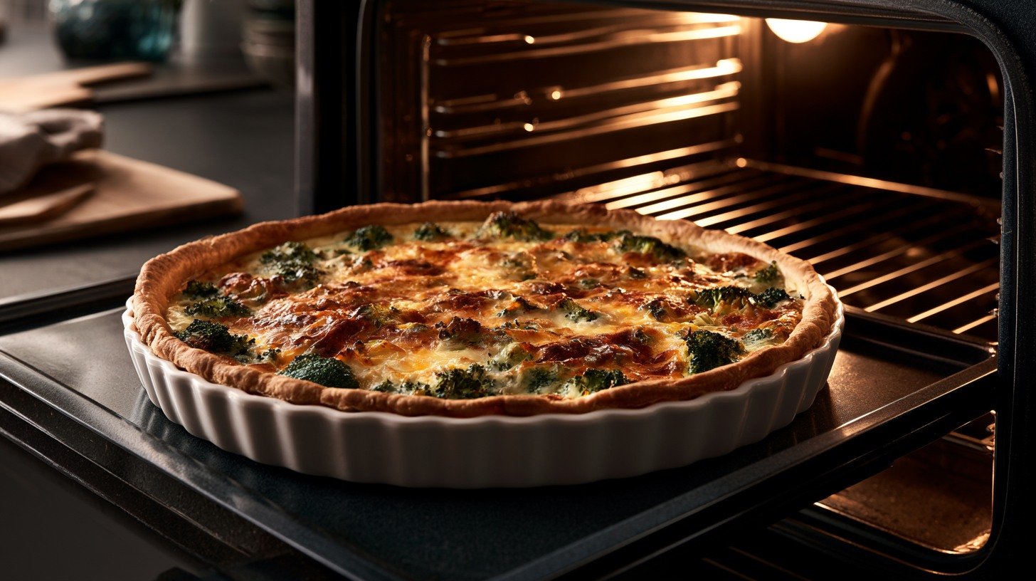 Broccoli quiche baking until golden brown.