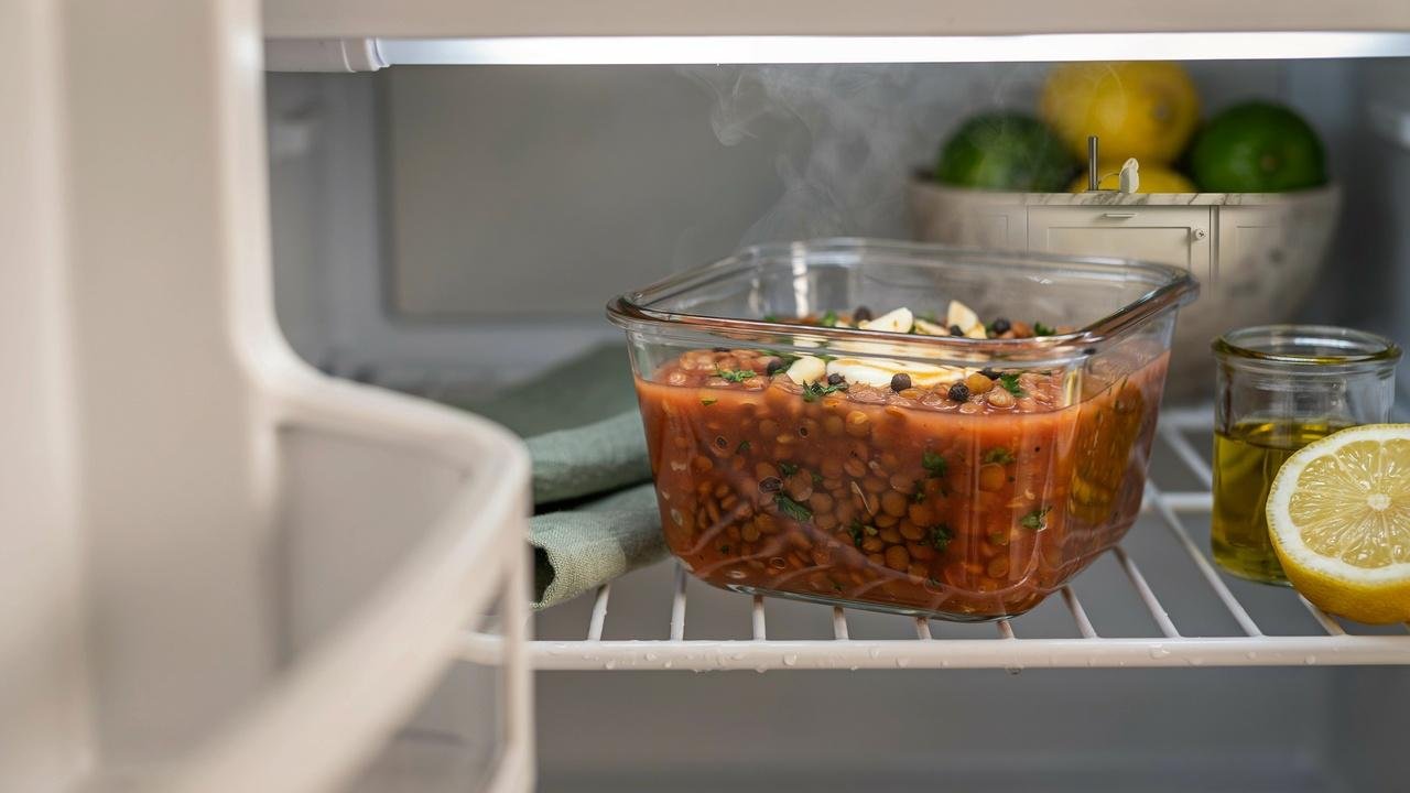A glass airtight container filled with creamy marry me lentils sitting inside an open refrigerator shelf.